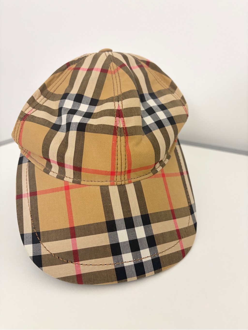 Burberry Beige Plaid Baseball Cap With Black & Red Accents